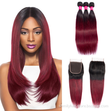 Wholesale Two Tone 1B/99# Body Wave Hair Weave 3 Pcs With Lace Closure Ombre Colored Burgundy Human Hair Bundles With Closure